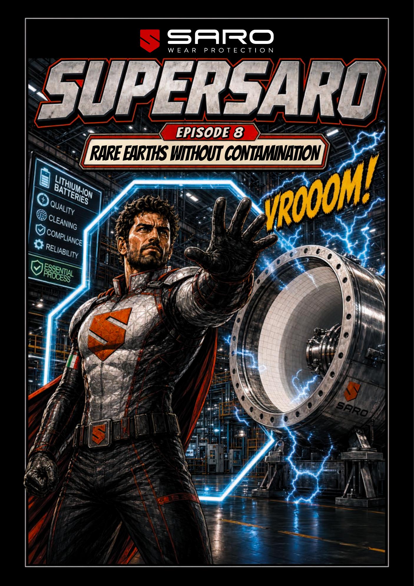 SuperSaro - Cover of the SARO comic book series on anti-wear solutions for industry
